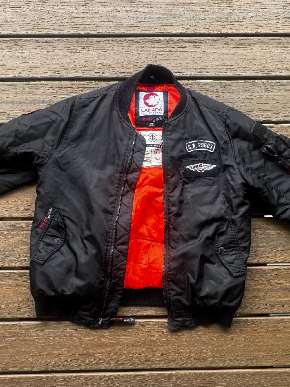 Canada Weather Gear MA-1 Bomber Jacket Black Orange Lined Air Force Style Medium